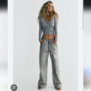 Zara Metallic TRF Mid Rise Wide Leg Jeans- 4